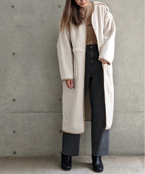 Per sist ence（パーシエンス）の「Per sist ence/パーシエンス　ボアパイピング×フェイクムートン リバーシブルノーカラーコート（ノーカラーコート・レディース・ベージュ/アイボリー/モカ・FREE）」の13枚目の写真