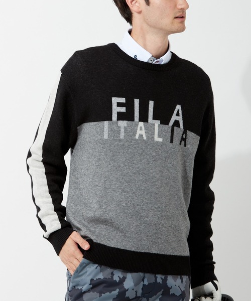 FILA（フィラ）の「【FILA GOLF/フィラゴルフ】ジャガードロゴ ライン入り ニット セーター（ニット/セーター・メンズ・ブラック/ネイビー/カーキ・LL/M/L/3L）」の2枚目の写真