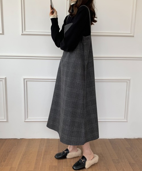 Diosfront（ディオスフロント）の「チェック柄サロペットワンピース（ワンピース・レディース・ブラック系その他/ブラウン系その他・M/L/XL）」の6枚目の写真