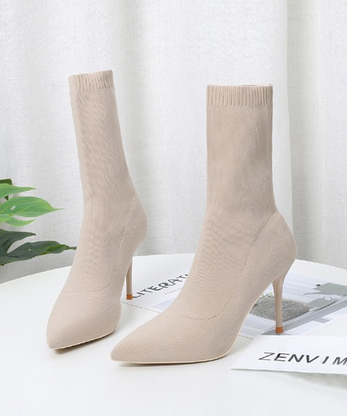 極美品✨イエロ ソックススニーカーブーツ 変形ヒール ニット M セール】【Jasmine】9㎝ヒール 華奢見え！ピンヒールソックスブーツ