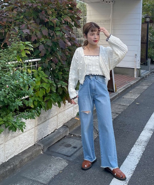 w closet（ダブルクローゼット）の「ポプコン付きリブスカラップ配色カーディガン（ニット/セーター・レディース・オフホワイト/ライム・FREE）」の4枚目の写真