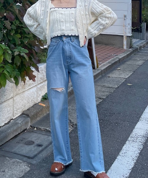 w closet（ダブルクローゼット）の「ポプコン付きリブスカラップ配色カーディガン（ニット/セーター・レディース・オフホワイト/ライム・FREE）」の5枚目の写真