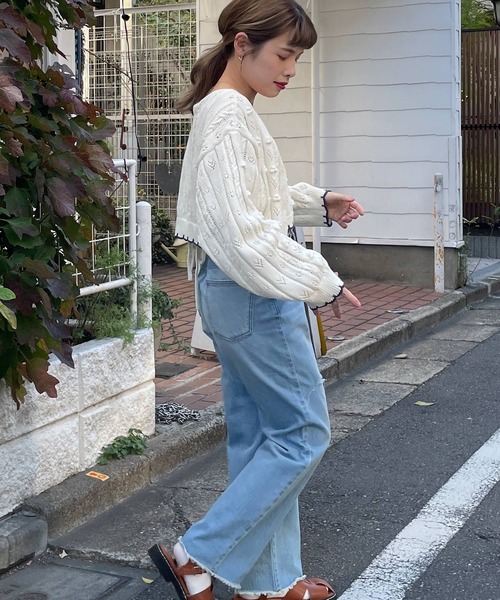 w closet（ダブルクローゼット）の「ポプコン付きリブスカラップ配色カーディガン（ニット/セーター・レディース・オフホワイト/ライム・FREE）」の7枚目の写真