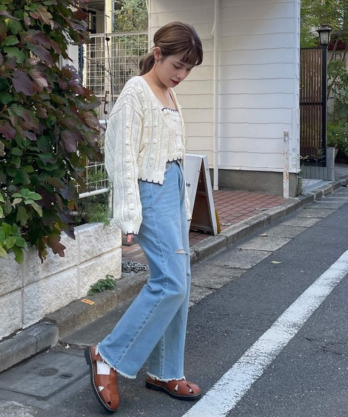 w closet（ダブルクローゼット）の「ポプコン付きリブスカラップ配色カーディガン（ニット/セーター・レディース・オフホワイト/ライム・FREE）」の8枚目の写真