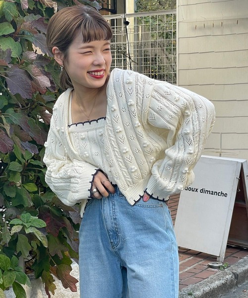 w closet（ダブルクローゼット）の「ポプコン付きリブスカラップ配色カーディガン（ニット/セーター・レディース・オフホワイト/ライム・FREE）」の9枚目の写真