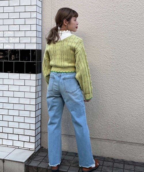 w closet（ダブルクローゼット）の「ポプコン付きリブスカラップ配色カーディガン（ニット/セーター・レディース・オフホワイト/ライム・FREE）」の12枚目の写真
