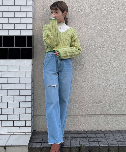 w closet（ダブルクローゼット）の「ポプコン付きリブスカラップ配色カーディガン（ニット/セーター・レディース・オフホワイト/ライム・FREE）」の13枚目の写真