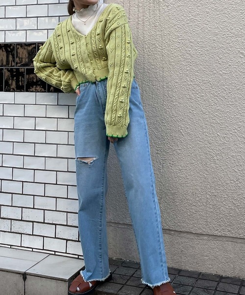 w closet（ダブルクローゼット）の「ポプコン付きリブスカラップ配色カーディガン（ニット/セーター・レディース・オフホワイト/ライム・FREE）」の14枚目の写真