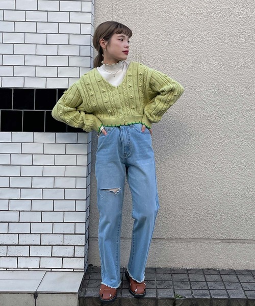 w closet（ダブルクローゼット）の「ポプコン付きリブスカラップ配色カーディガン（ニット/セーター・レディース・オフホワイト/ライム・FREE）」の15枚目の写真