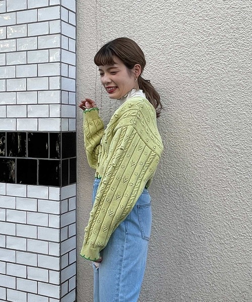 w closet（ダブルクローゼット）の「ポプコン付きリブスカラップ配色カーディガン（ニット/セーター・レディース・オフホワイト/ライム・FREE）」の16枚目の写真