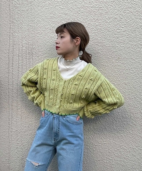 w closet（ダブルクローゼット）の「ポプコン付きリブスカラップ配色カーディガン（ニット/セーター・レディース・オフホワイト/ライム・FREE）」の17枚目の写真