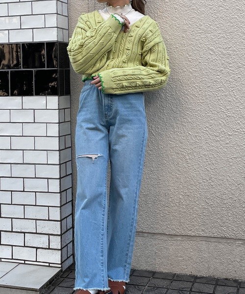 w closet（ダブルクローゼット）の「ポプコン付きリブスカラップ配色カーディガン（ニット/セーター・レディース・オフホワイト/ライム・FREE）」の18枚目の写真