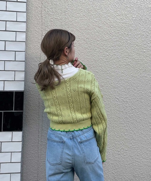 w closet（ダブルクローゼット）の「ポプコン付きリブスカラップ配色カーディガン（ニット/セーター・レディース・オフホワイト/ライム・FREE）」の19枚目の写真