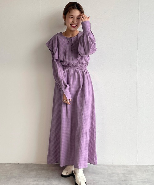 w closet（ダブルクローゼット）の「織りチェックBIGセーラー衿ワンピース（ワンピース・レディース・パープル/ミント・FREE）」の12枚目の写真