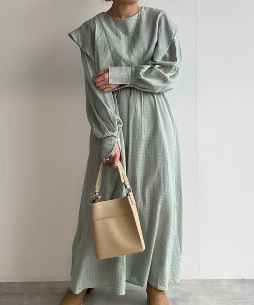 w closet（ダブルクローゼット）の「織りチェックBIGセーラー衿ワンピース（ワンピース・レディース・パープル/ミント・FREE）」の10枚目の写真