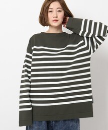 ◆軽量 ポリエステルニット ビッグシルエットボートネック バスクボーダー