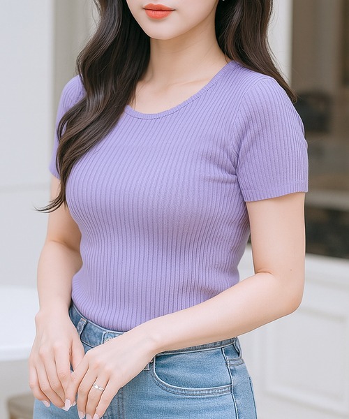 Julia Boutique（ジュリアブティック）の「Uネック・パーソナルカラー半袖ニットトップス/22150（ニット/セーター・レディース・カーキ/ネイビー/ブルー/ホワイト/マスタード/ベージュ/ライトブルー/オレンジ/ラベンダー/パープル/パープル系/グリーン/イエロー/ブラック/ピンク/ピンク系/レッド/ブラウン/アイボリー/ライトグリーン・ONE）」の12枚目の写真