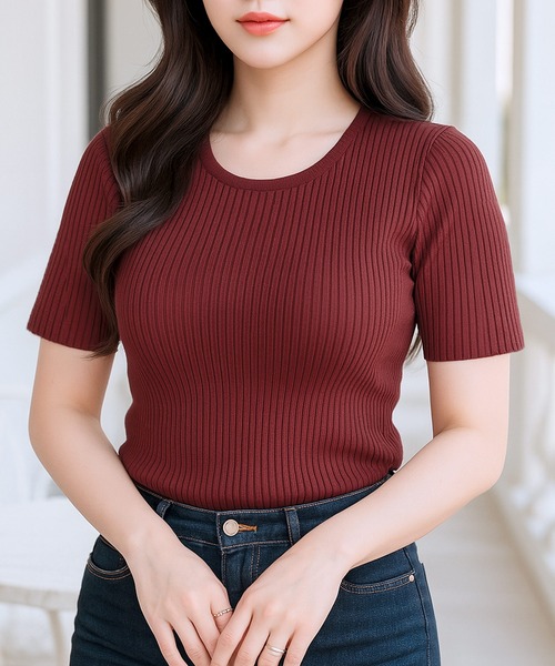 Julia Boutique（ジュリアブティック）の「Uネック・パーソナルカラー半袖ニットトップス/22150（ニット/セーター・レディース・カーキ/ネイビー/ブルー/ホワイト/マスタード/ベージュ/ライトブルー/オレンジ/ラベンダー/パープル/パープル系/グリーン/イエロー/ブラック/ピンク/ピンク系/レッド/ブラウン/アイボリー/ライトグリーン・ONE）」の19枚目の写真