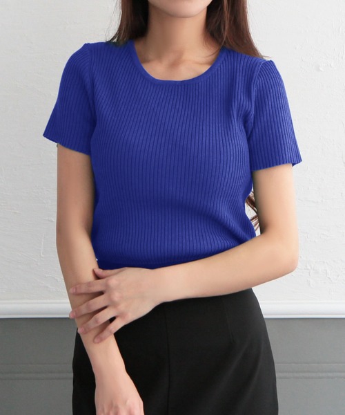 Julia Boutique（ジュリアブティック）の「Uネック・パーソナルカラー半袖ニットトップス/22150（ニット/セーター・レディース・カーキ/ネイビー/ブルー/ホワイト/マスタード/ベージュ/ライトブルー/オレンジ/ラベンダー/パープル/パープル系/グリーン/イエロー/ブラック/ピンク/ピンク系/レッド/ブラウン/アイボリー/ライトグリーン・ONE）」の11枚目の写真