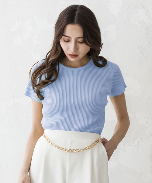 Julia Boutique（ジュリアブティック）の「Uネック・パーソナルカラー半袖ニットトップス/22150（ニット/セーター・レディース・カーキ/ネイビー/ブルー/ホワイト/マスタード/ベージュ/ライトブルー/オレンジ/ラベンダー/パープル/パープル系/グリーン/イエロー/ブラック/ピンク/ピンク系/レッド/ブラウン/アイボリー/ライトグリーン・ONE）」の9枚目の写真