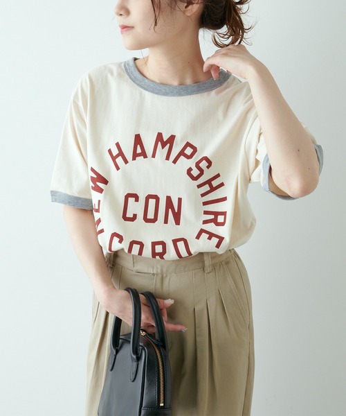 PUAL CE CIN（ピュアルセシン）の「リンガーカレッジロゴTシャツ（Tシャツ/カットソー・レディース・ネイビー/ナチュラル/グレイッシュベージュ・FREE）」の2枚目の写真