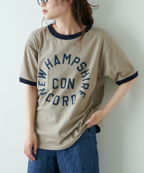 PUAL CE CIN（ピュアルセシン）の「リンガーカレッジロゴTシャツ（Tシャツ/カットソー・レディース・ネイビー/ナチュラル/グレイッシュベージュ・FREE）」の3枚目の写真