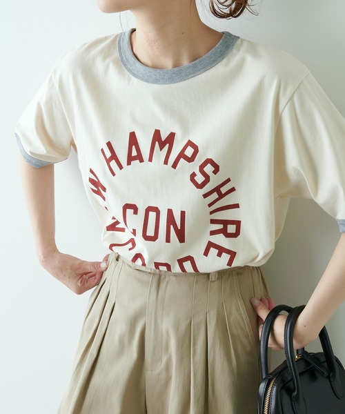 PUAL CE CIN（ピュアルセシン）の「リンガーカレッジロゴTシャツ（Tシャツ/カットソー・レディース・ネイビー/ナチュラル/グレイッシュベージュ・FREE）」の4枚目の写真