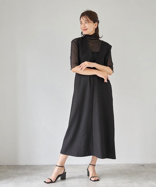 each（イーチ）の「バックVオープンリネンタッチジャンパースカート（ジャンパースカート・レディース・ブラック/ベージュ・FREE）」の3枚目の写真