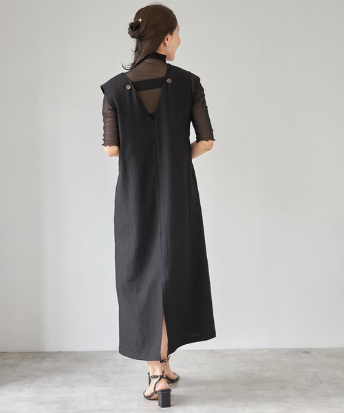 each（イーチ）の「バックVオープンリネンタッチジャンパースカート（ジャンパースカート・レディース・ブラック/ベージュ・FREE）」の5枚目の写真