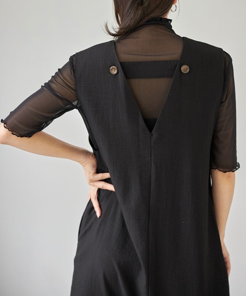 each（イーチ）の「バックVオープンリネンタッチジャンパースカート（ジャンパースカート・レディース・ブラック/ベージュ・FREE）」の8枚目の写真