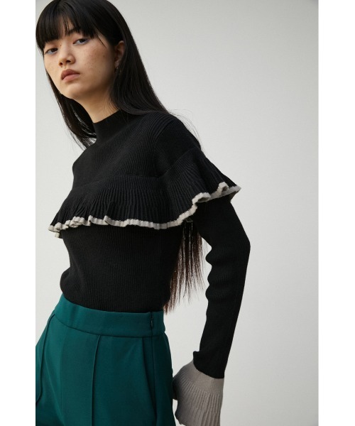 AZUL by moussy(アズールバイマウジー)の「COLOR COMBI RUFFLE KNIT TOPS/カラーコンビラッフルニットトップス(ニット/セーター・レディース・ターコイズブルー/ベージュ/ブラック・SMALL/MEDIUM)」の2枚目の写真