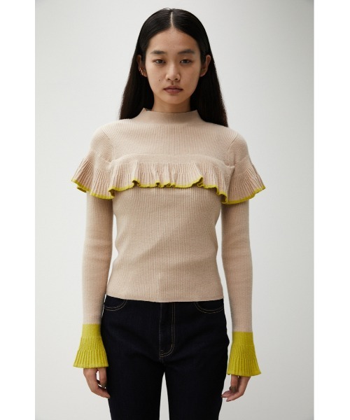 AZUL by moussy(アズールバイマウジー)の「COLOR COMBI RUFFLE KNIT TOPS/カラーコンビラッフルニットトップス(ニット/セーター・レディース・ターコイズブルー/ベージュ/ブラック・SMALL/MEDIUM)」の7枚目の写真