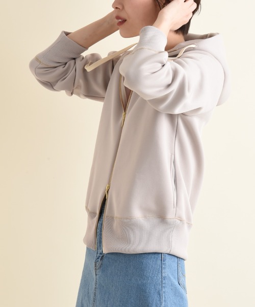 バルーン切替ダンボールパーカー 512-94005 cynical シニカル ストレッチ 軽い 異素材ミックス ジップ フード サラサラ Gray Black チュニック 可愛い Cynical バルーン切替ダンボールパーカー 512-94005 cynical