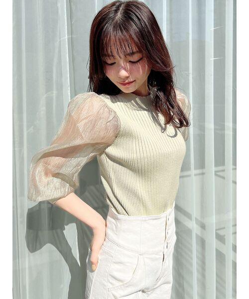 RESEXXY(リゼクシー)の「スリーブシアーパフニットトップス(ニット/セーター・レディース・ホワイト/ブラック/ミント・FREE)」の4枚目の写真