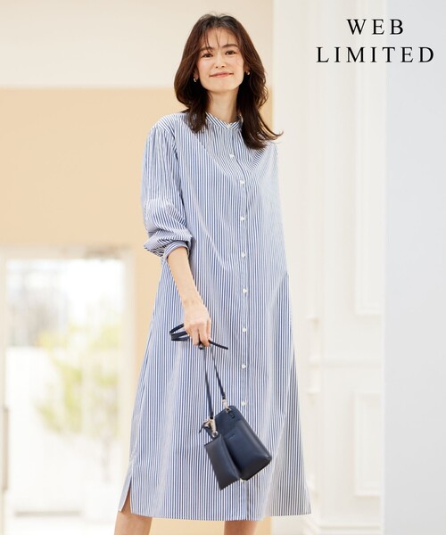 J.PRESS(ジェイプレス)の「【WEB限定カラーあり・洗える・接触冷感・UVカット・イージーケア】 エステネージュストライプ ワンピース(ワンピース・レディース・サックスブルー系1/ブルー系1/ネイビー系1/ライトグレー系1・T15/T13)」の2枚目の写真