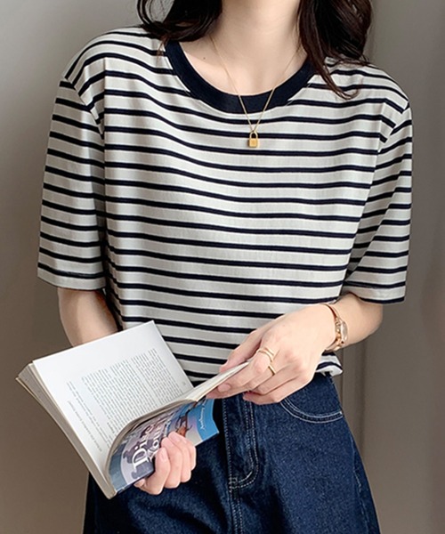 Girly Doll(ガーリードール)の「ボーダーTシャツ(Tシャツ/カットソー・レディース・グリーン/ブルー/イエロー/ネイビー/レッド・M/L)」の3枚目の写真