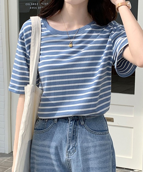 Girly Doll(ガーリードール)の「ボーダーTシャツ(Tシャツ/カットソー・レディース・グリーン/ブルー/イエロー/ネイビー/レッド・M/L)」の1枚目の写真