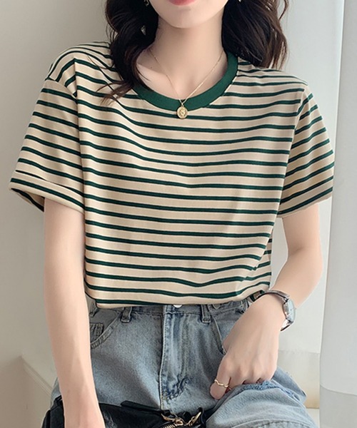 Girly Doll(ガーリードール)の「ボーダーTシャツ(Tシャツ/カットソー・レディース・グリーン/ブルー/イエロー/ネイビー/レッド・M/L)」の2枚目の写真
