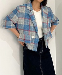 Jewelobe（ジュエローブ）の「リネンライクチェックショートジャケット（テーラードジャケット）」