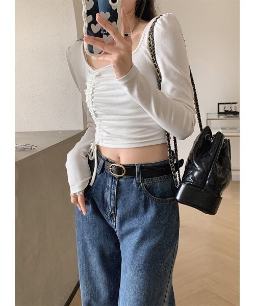 LYEON（リヨン）の「シャーリングデザイントップス/ロンT（Tシャツ/カットソー・レディース・ホワイト/ブラック/カーキ/グレー・FREE）」の11枚目の写真