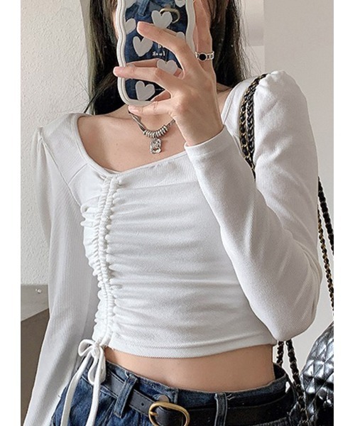 LYEON（リヨン）の「シャーリングデザイントップス/ロンT（Tシャツ/カットソー・レディース・ホワイト/ブラック/カーキ/グレー・FREE）」の12枚目の写真