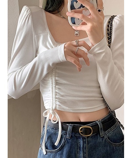 LYEON（リヨン）の「シャーリングデザイントップス/ロンT（Tシャツ/カットソー・レディース・ホワイト/ブラック/カーキ/グレー・FREE）」の13枚目の写真
