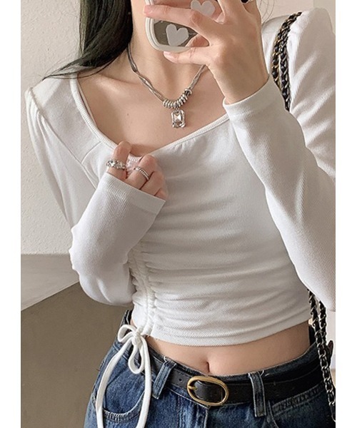 LYEON（リヨン）の「シャーリングデザイントップス/ロンT（Tシャツ/カットソー・レディース・ホワイト/ブラック/カーキ/グレー・FREE）」の14枚目の写真