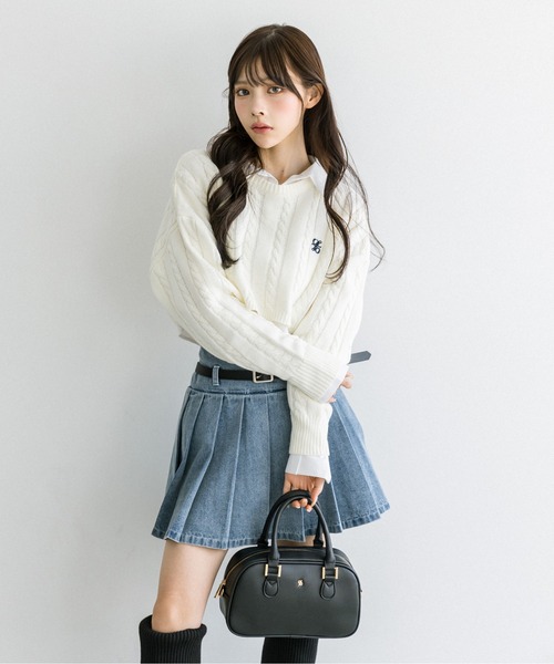 セール】ケーブルニット×シャツ クロップドセット 1032040100（ニット