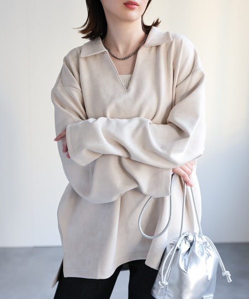 CREARE -LINO-（クレアーレリノ）の「スウェードポンチ キーネック ルーズ シャツ<ユニセックス>（シャツ/ブラウス・メンズ・ブラック/チャコールグレー/グレイッシュベージュ・M/L）」の3枚目の写真