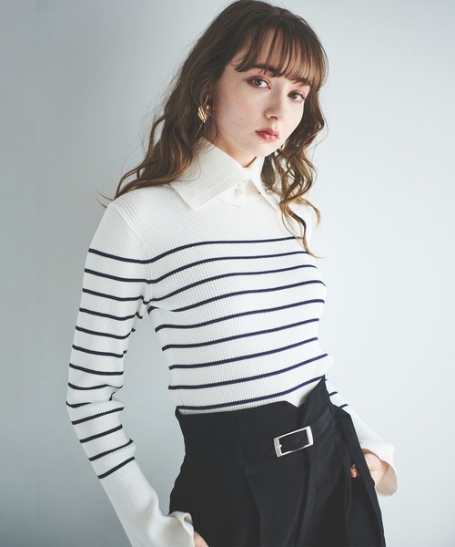 31 Sons de mode(トランテアン ソン ドゥ モード)の「取り外し衿付きタートルニット(ニット/セーター・レディース・オフホワイト/ブラック/ピンク/ホワイト×ネイビー/マスタード・36)」の16枚目の写真