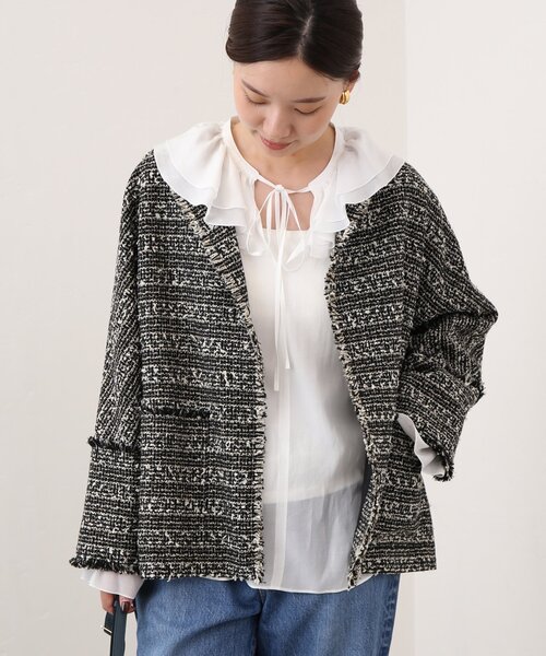 IENA（イエナ）の「ノーカラーツイード ジャケット（ノーカラージャケット・レディース・ブラック系その他/ネイビー/ブラック/アイボリー・38/36）」の8枚目の写真