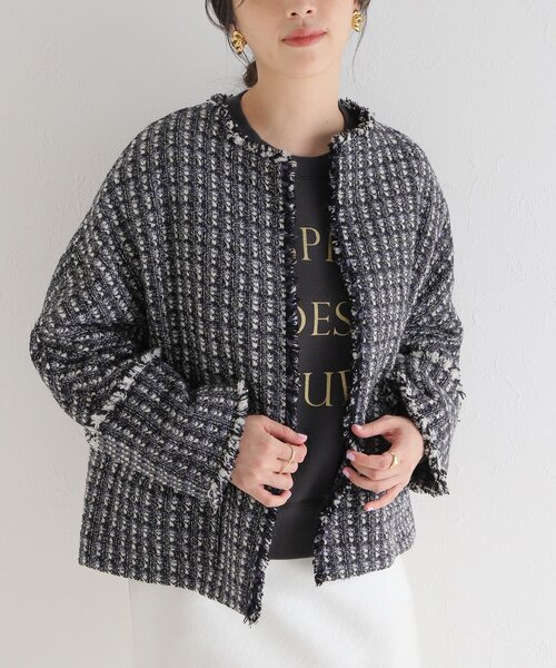 IENA（イエナ）の「ノーカラーツイード ジャケット（ノーカラージャケット・レディース・ブラック系その他/ネイビー/ブラック/アイボリー・38/36）」の7枚目の写真