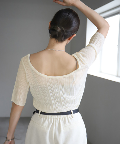 select MOCA（セレクトモカ）の「バレエネックランダムリブラメシアーニット（ニット/セーター・レディース・ライトグレー/ブラウン/アイボリー/ブラック・FREE）」の2枚目の写真