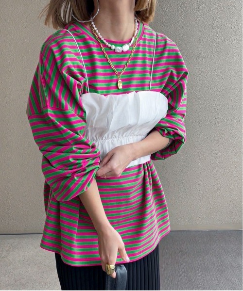 feepur by saya（フェピュールバイサヤ）の「ルーズシルエットボーダーロンTee（Tシャツ/カットソー・レディース・オフホワイト/グレー/グリーン/ピンク・MEDIUM）」の2枚目の写真